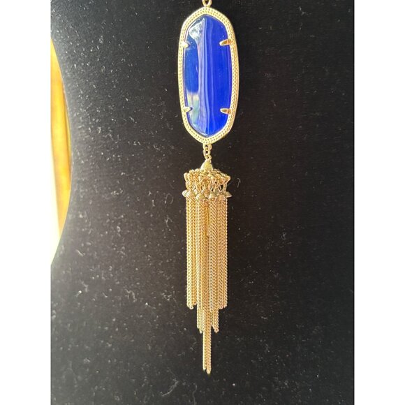 Kendra Scott Rayne Gold Necklace Cobalt Blue Gemstone Oval Pendant & Tassel 30” - Picture 3 of 8